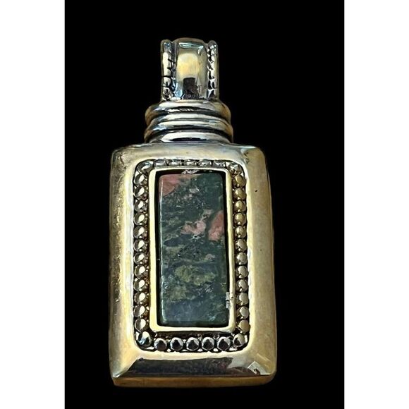 Vtg ROMAN Co Brand Gold Tone Pendant Marbled Cabochon Rectangle Statement Vtg - Picture 1 of 6